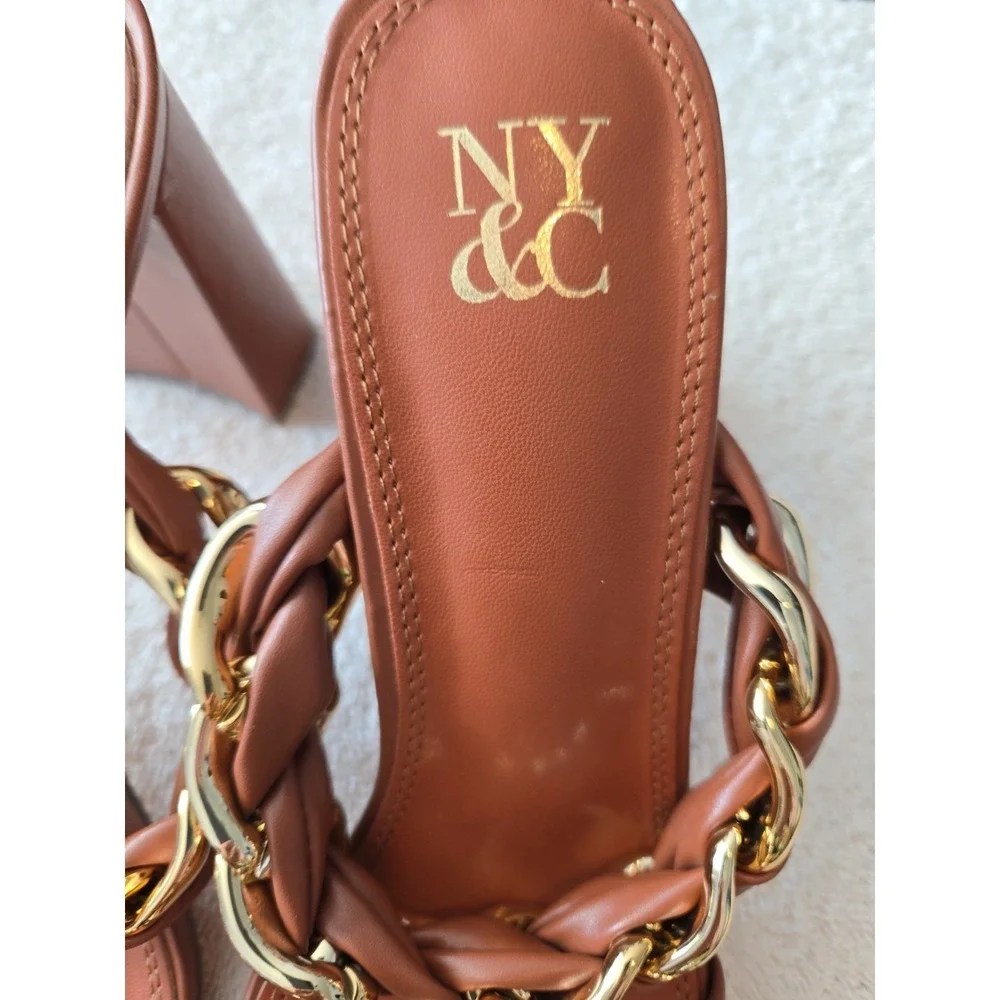 New York & Co cognac woven gold chain block‎ heel sandals Size 9